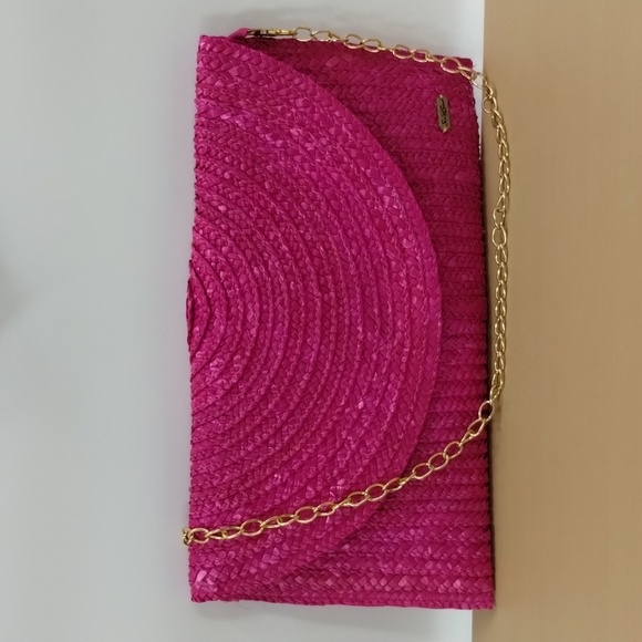 Sun n Sand straw woven clutch purse pink detachable chain strap 14" - Picture 1 of 9